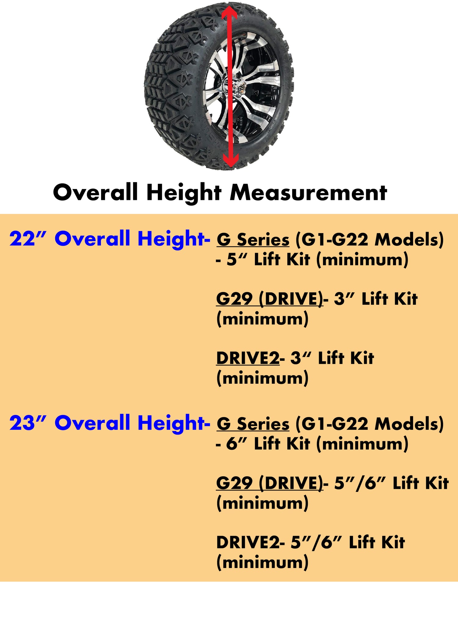 Yamaha Wheel and Tire Measurements for 22"-23" Overall Height Combinations