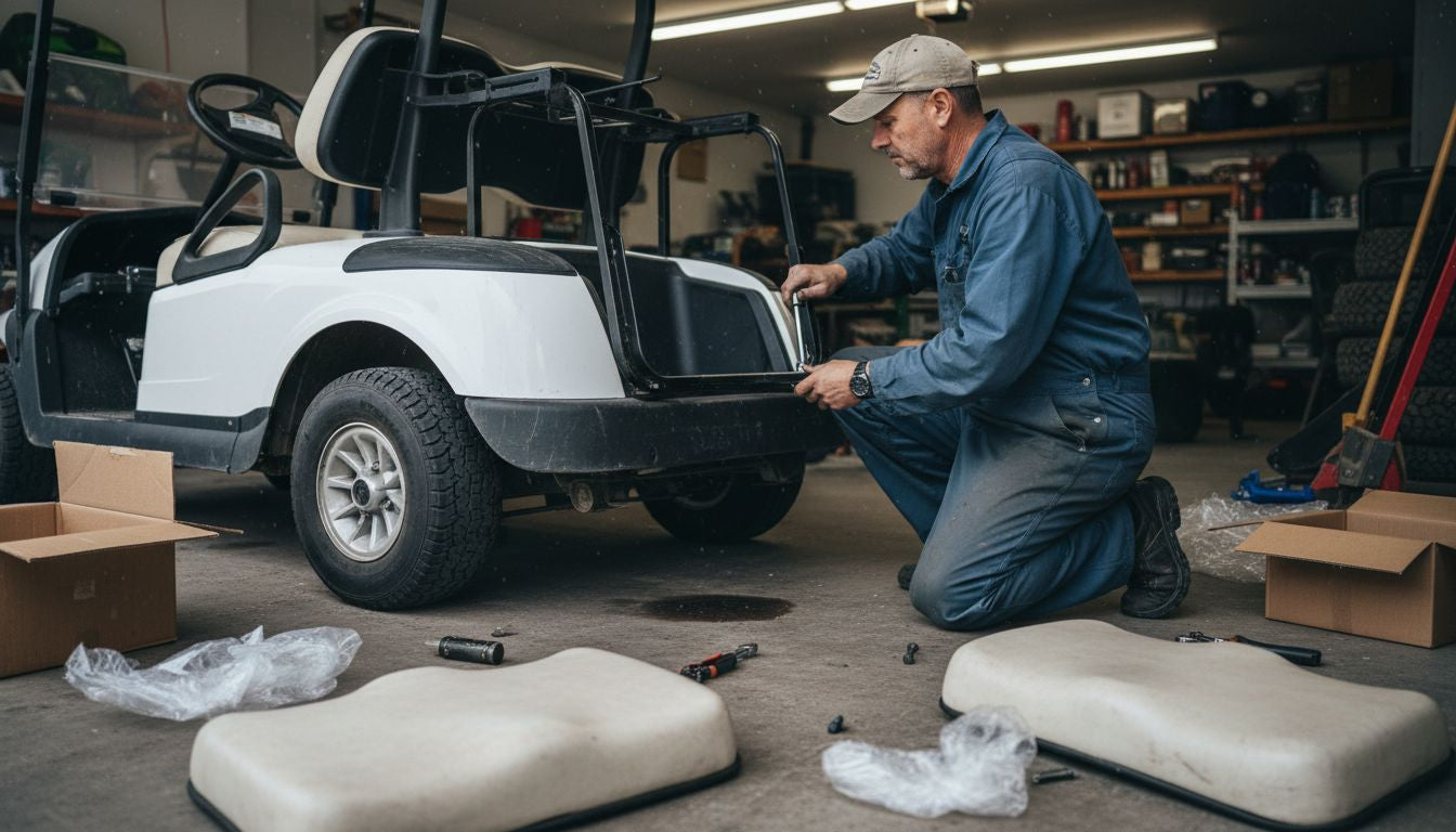 Mechanic installing rear seat on golf cart