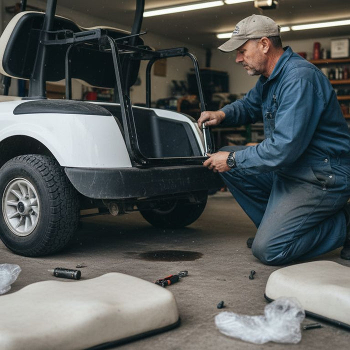 Mechanic installing rear seat on golf cart