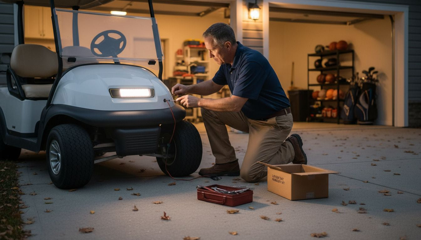 Man installing LED lights on golf cart at night