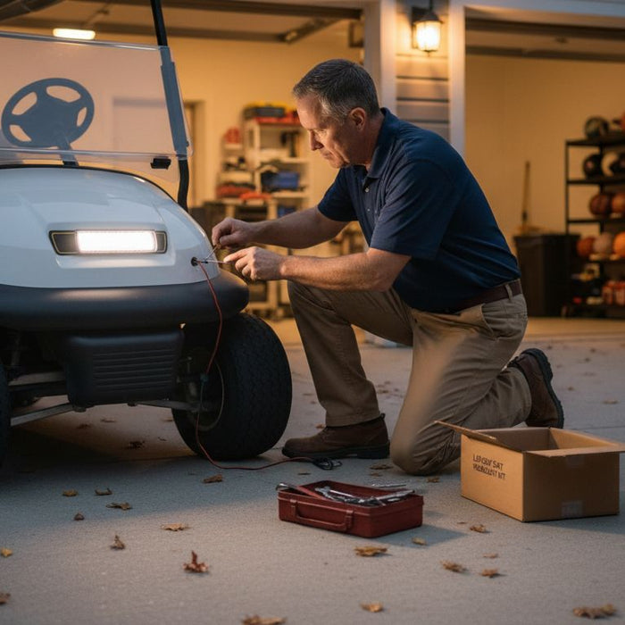 Man installing LED lights on golf cart at night