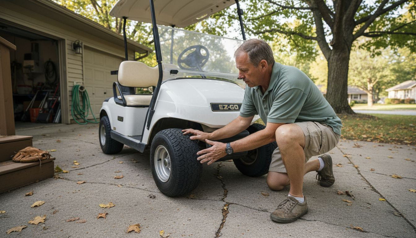 Man inspecting golf cart tire on driveway
