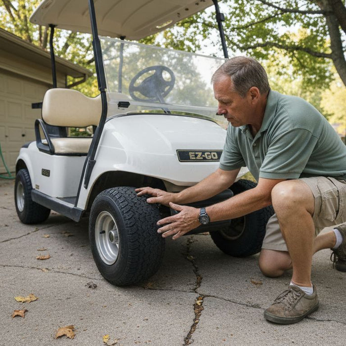Man inspecting golf cart tire on driveway
