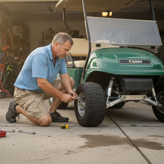 Man installing lift kit on golf cart