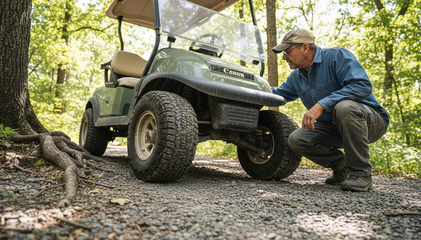 Lifted golf cart being inspected on rugged trail