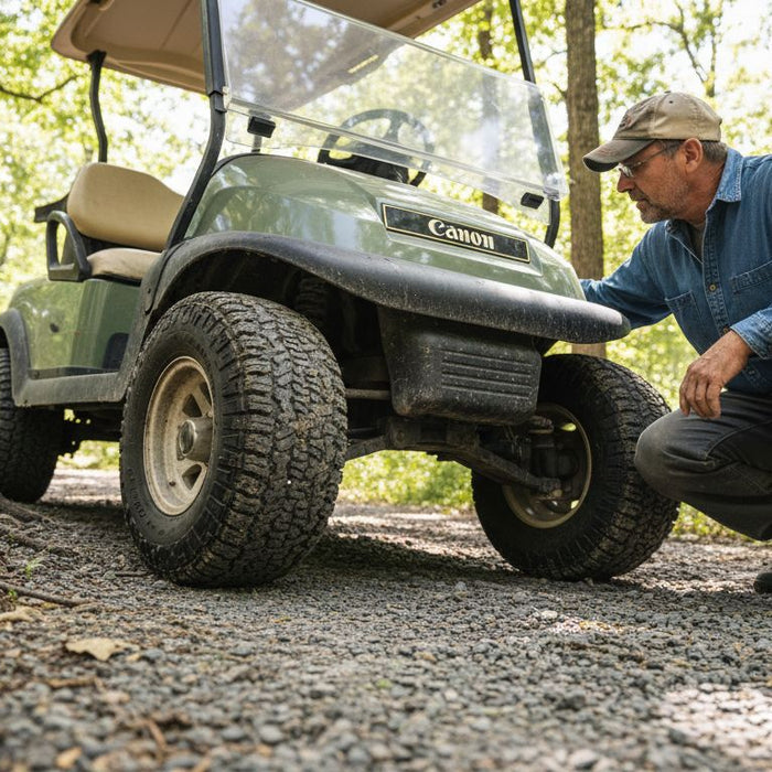 Lifted golf cart being inspected on rugged trail