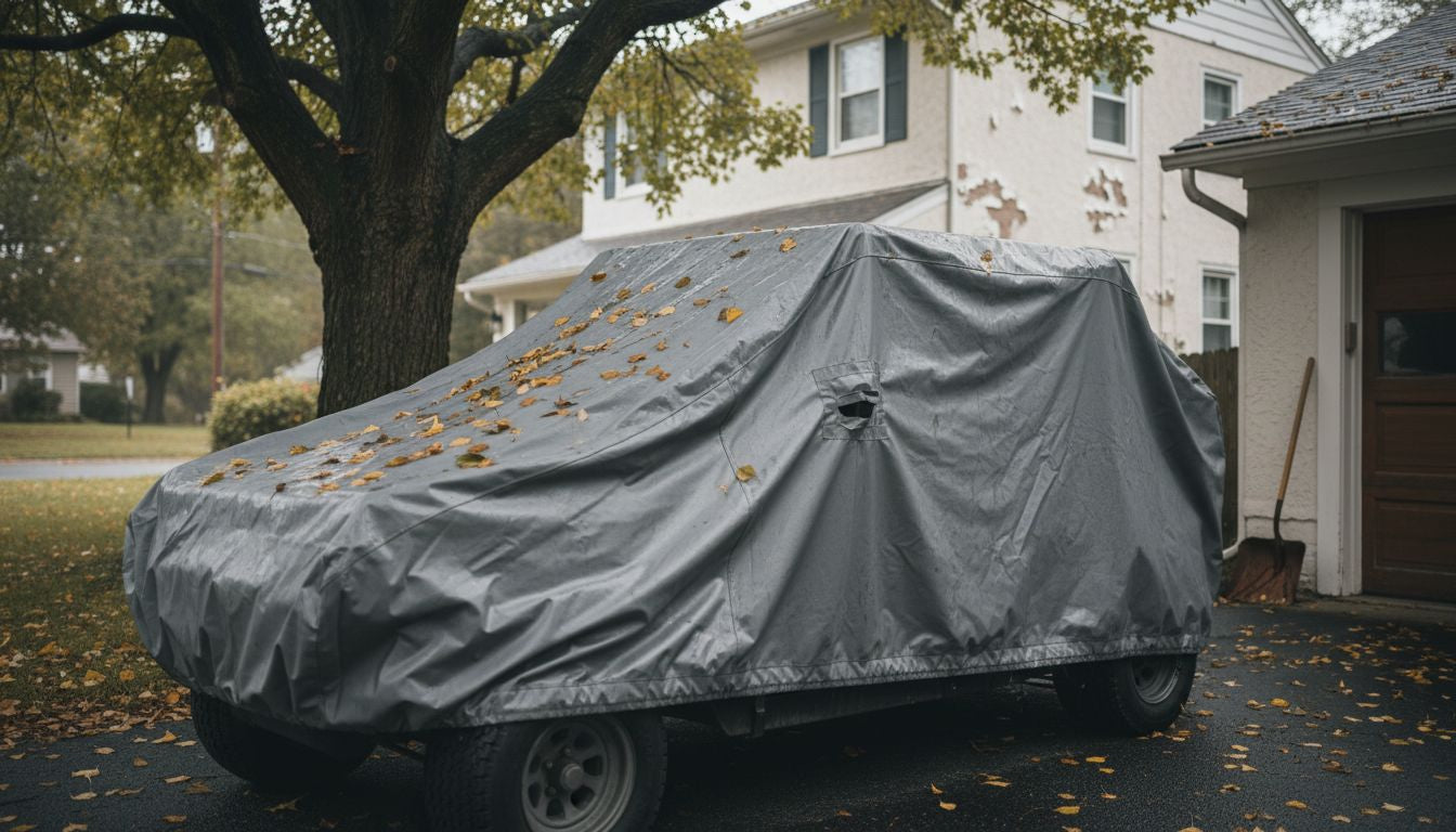 Golf cart with all-weather protective cover outdoors
