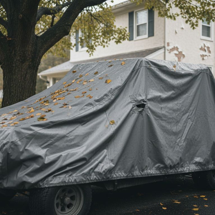 Golf cart with all-weather protective cover outdoors