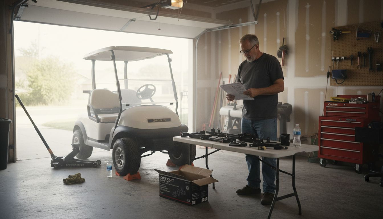Man preparing golf cart lift kit installation