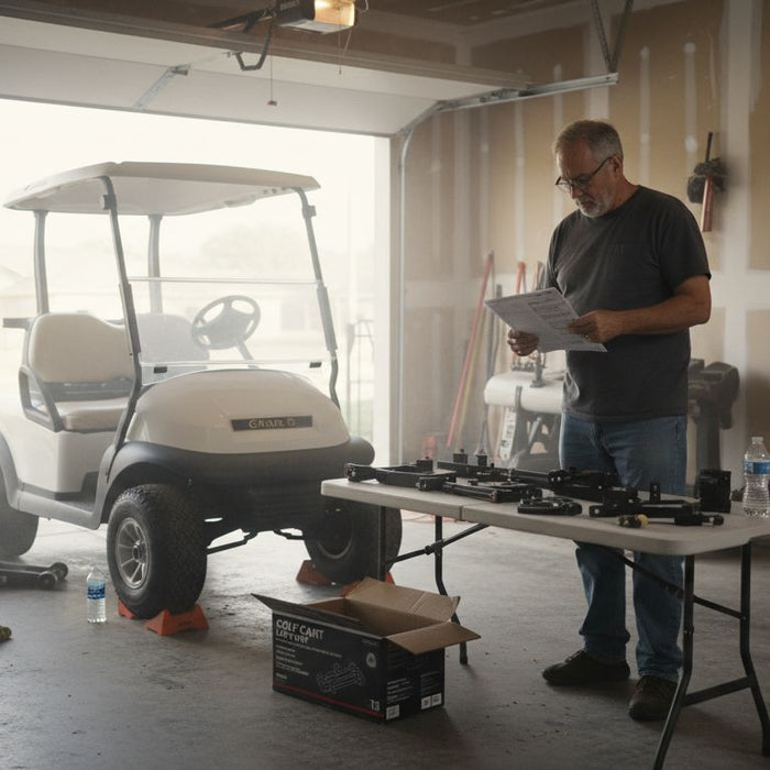 Man preparing golf cart lift kit installation