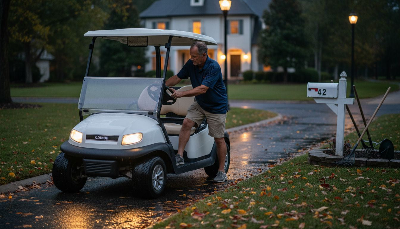 Golf cart driver checks light kit at night