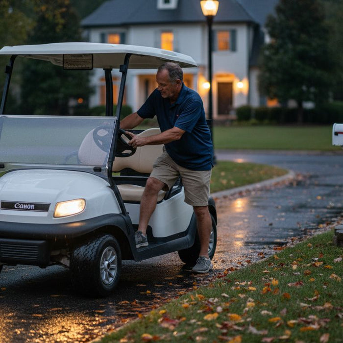 Golf cart driver checks light kit at night