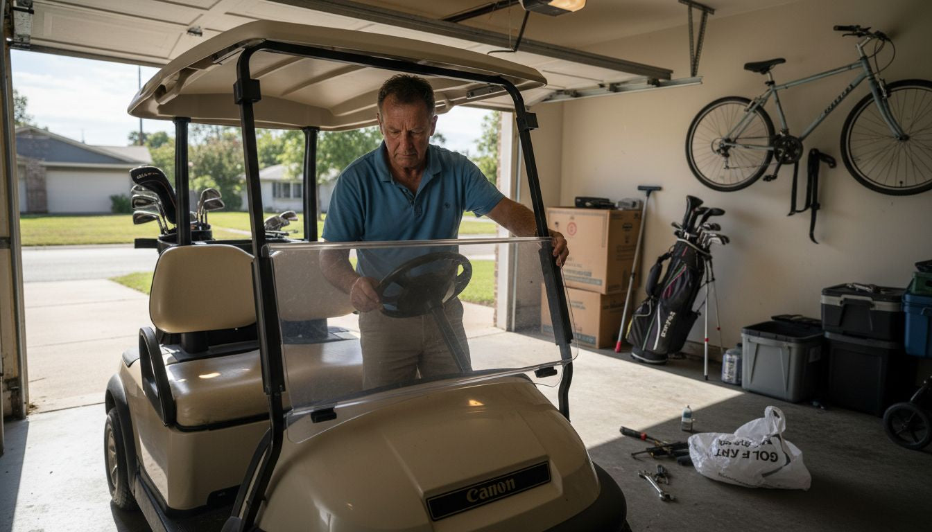 Man installing new golf cart windshield in garage