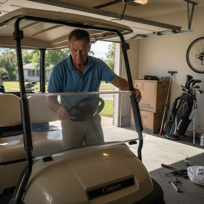 Man installing new golf cart windshield in garage