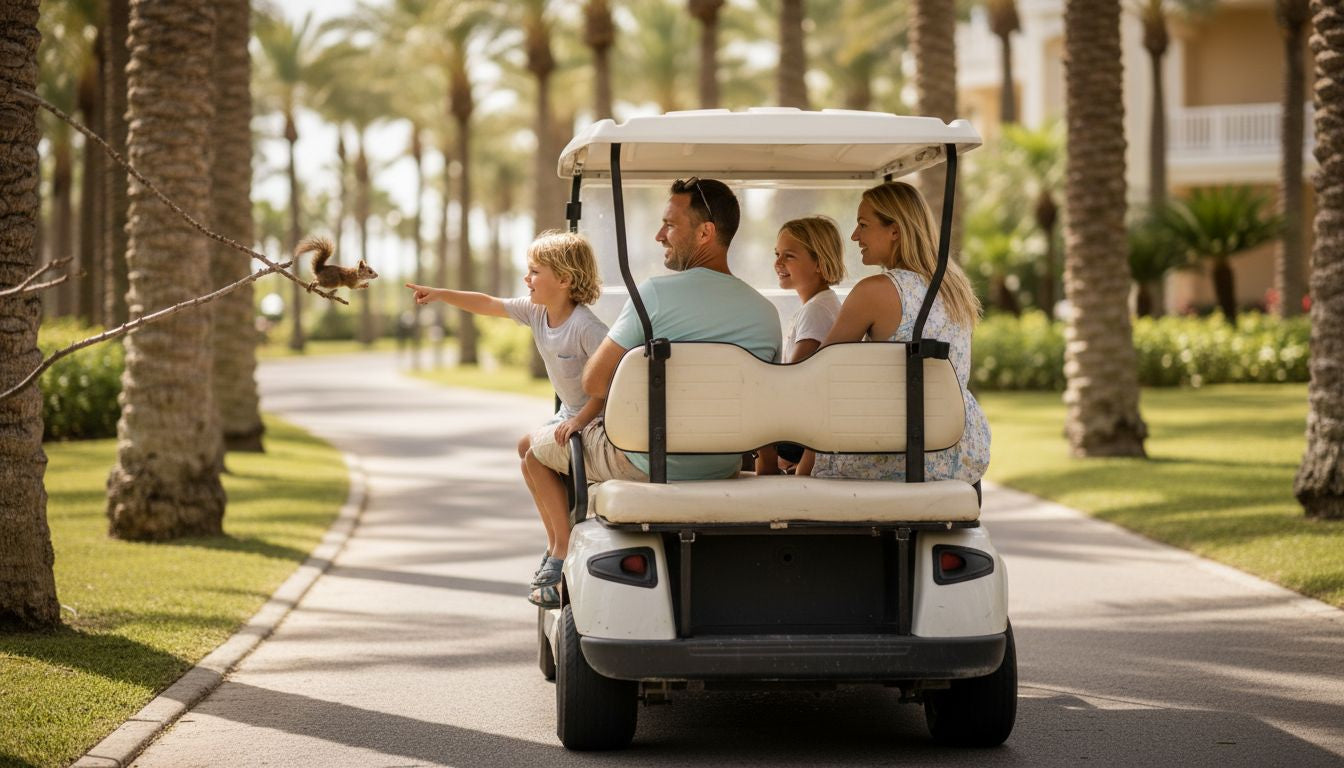Family riding on golf cart rear seat outdoors