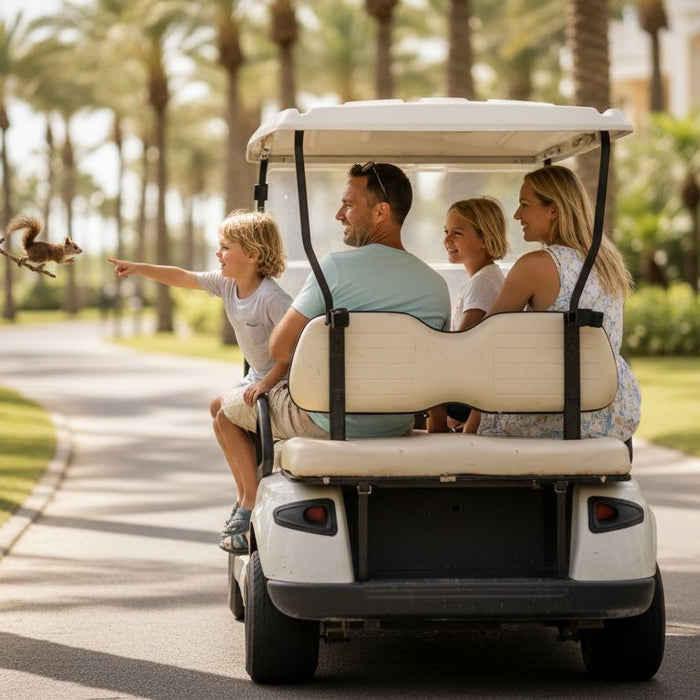 Family riding on golf cart rear seat outdoors