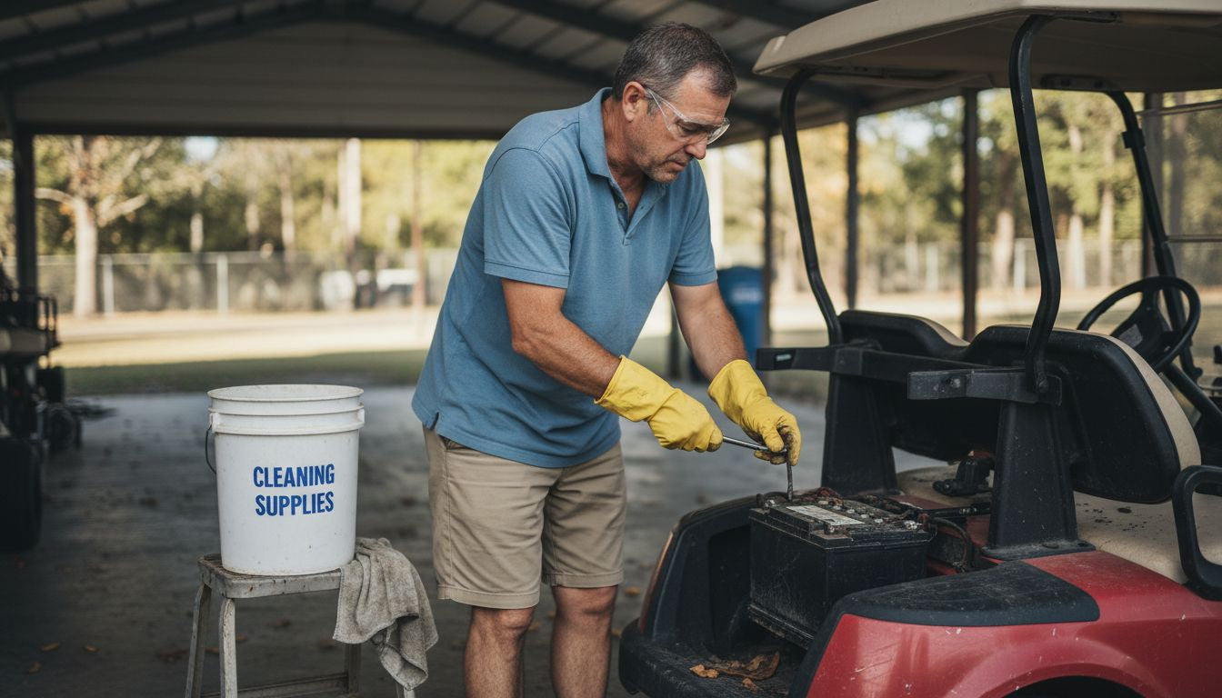 Man disconnecting golf cart battery with gloves