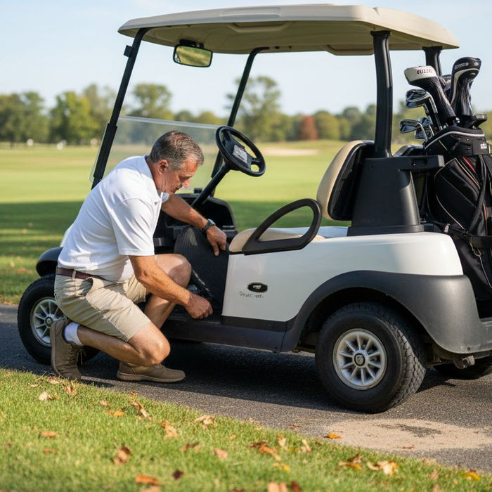 Man installing floor mat in golf cart