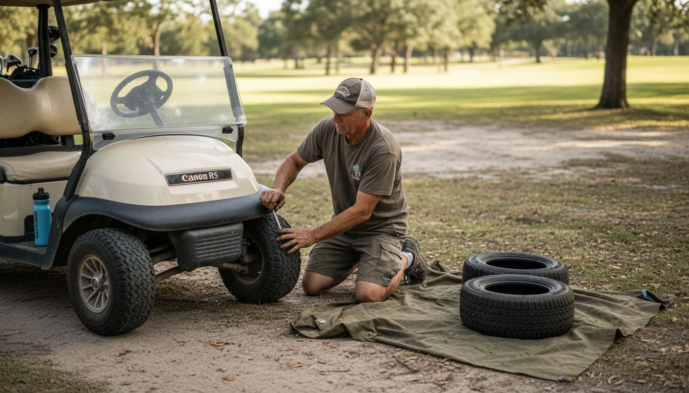 Man changing golf cart tires on dirt trail