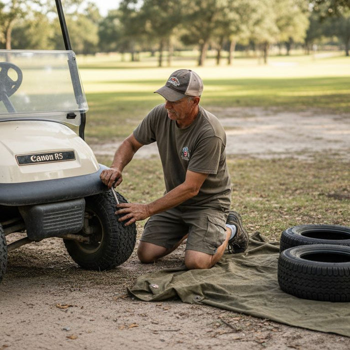 Man changing golf cart tires on dirt trail
