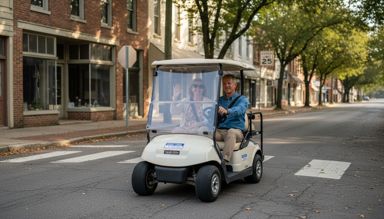 Couple driving golf cart on small-town street