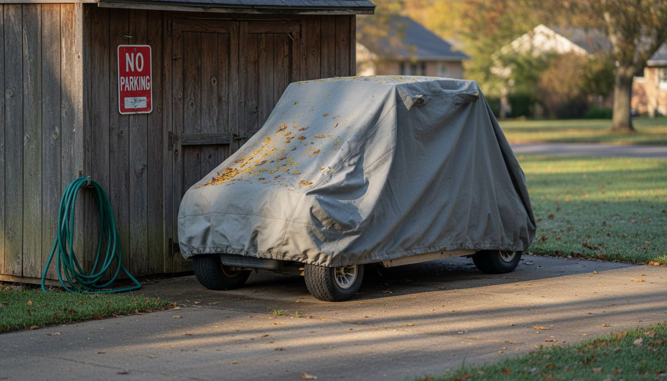 Golf cart with cover in driveway morning