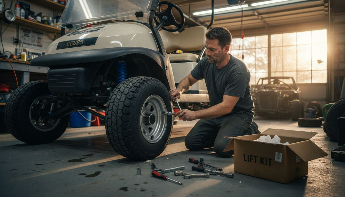 Mechanic installing lift kit on golf cart