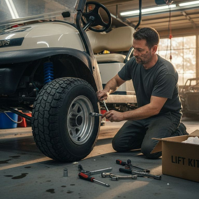 Mechanic installing lift kit on golf cart