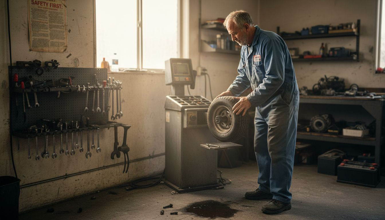 Mechanic balancing tire on golf cart machine