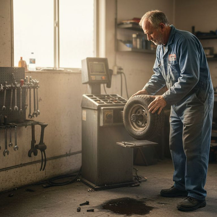 Mechanic balancing tire on golf cart machine