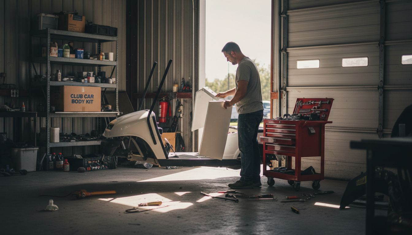 Mechanic fits golf cart body panel in workshop