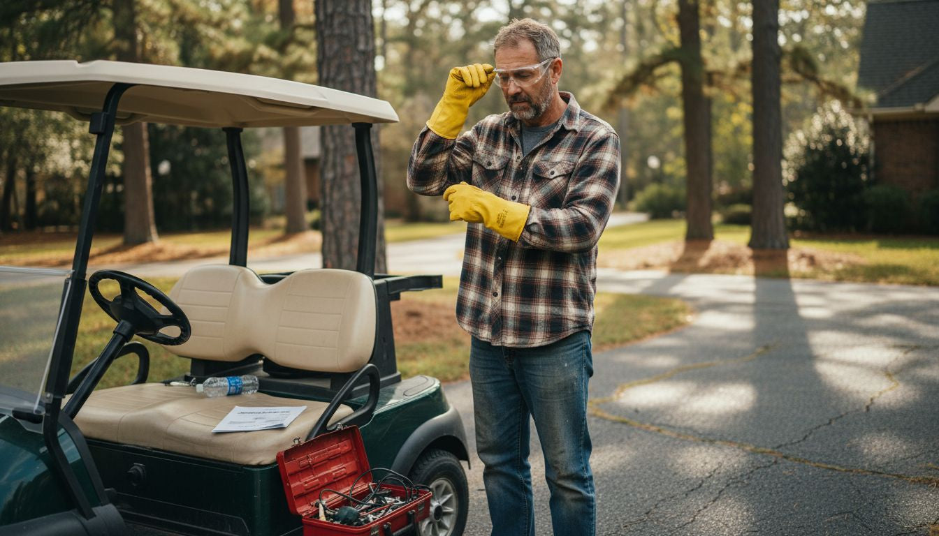 Man prepares to safely replace golf cart batteries