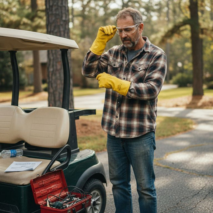 Man prepares to safely replace golf cart batteries