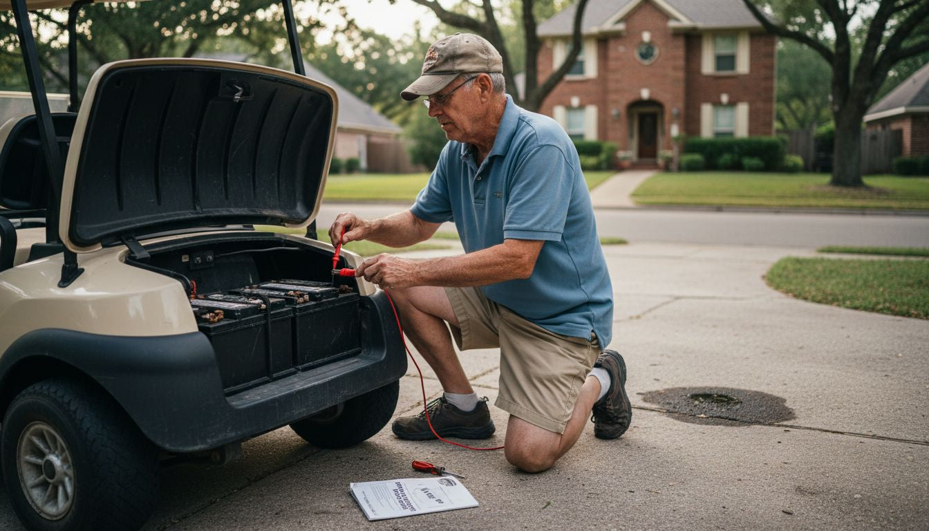 Golf cart owner inspecting battery upgrade