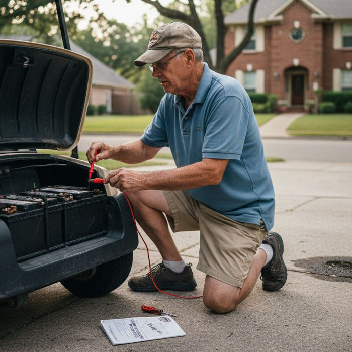 Golf cart owner inspecting battery upgrade