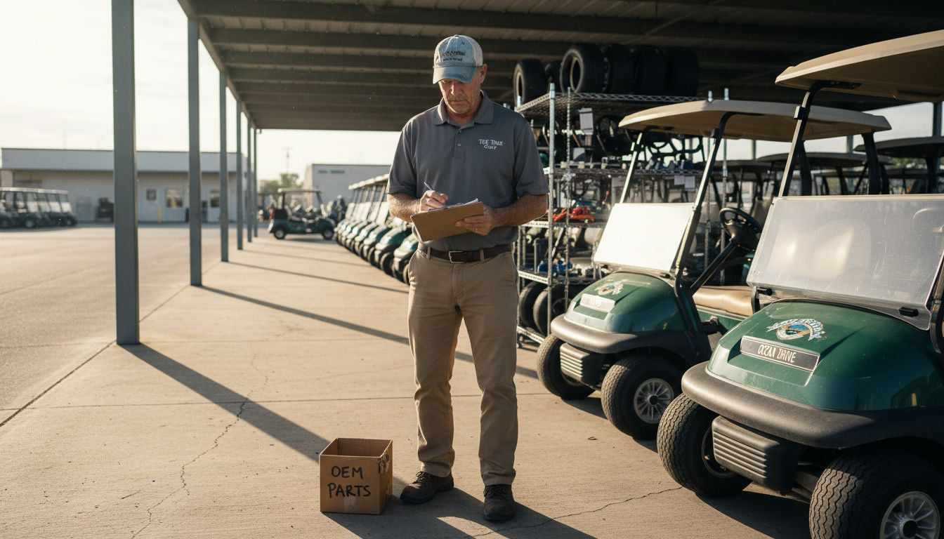 Dealer inspecting golf carts with accessories