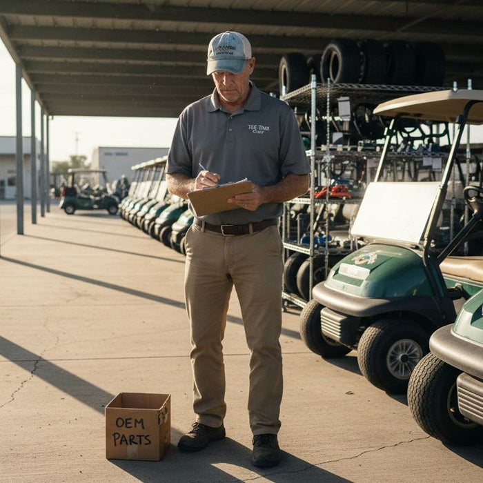 Dealer inspecting golf carts with accessories