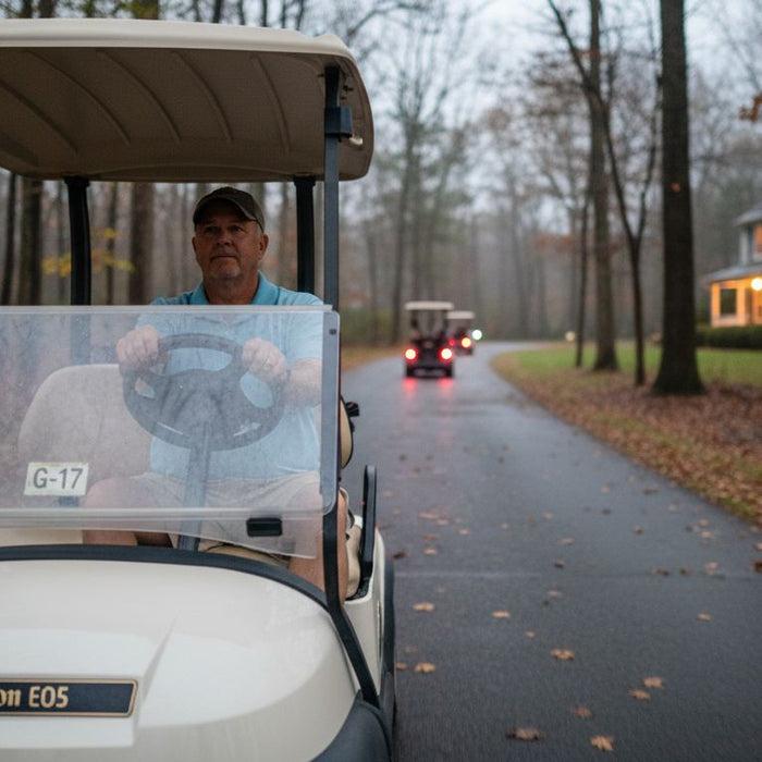 Golf cart with LED headlights on at dusk