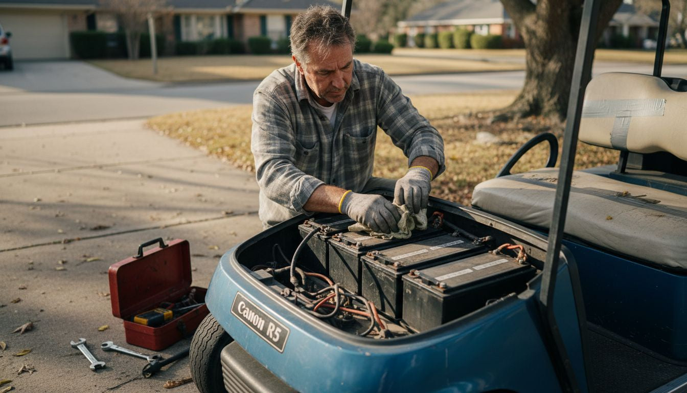 Owner performs golf cart battery maintenance