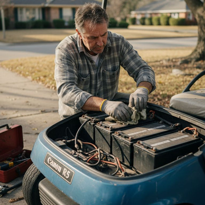 Owner performs golf cart battery maintenance