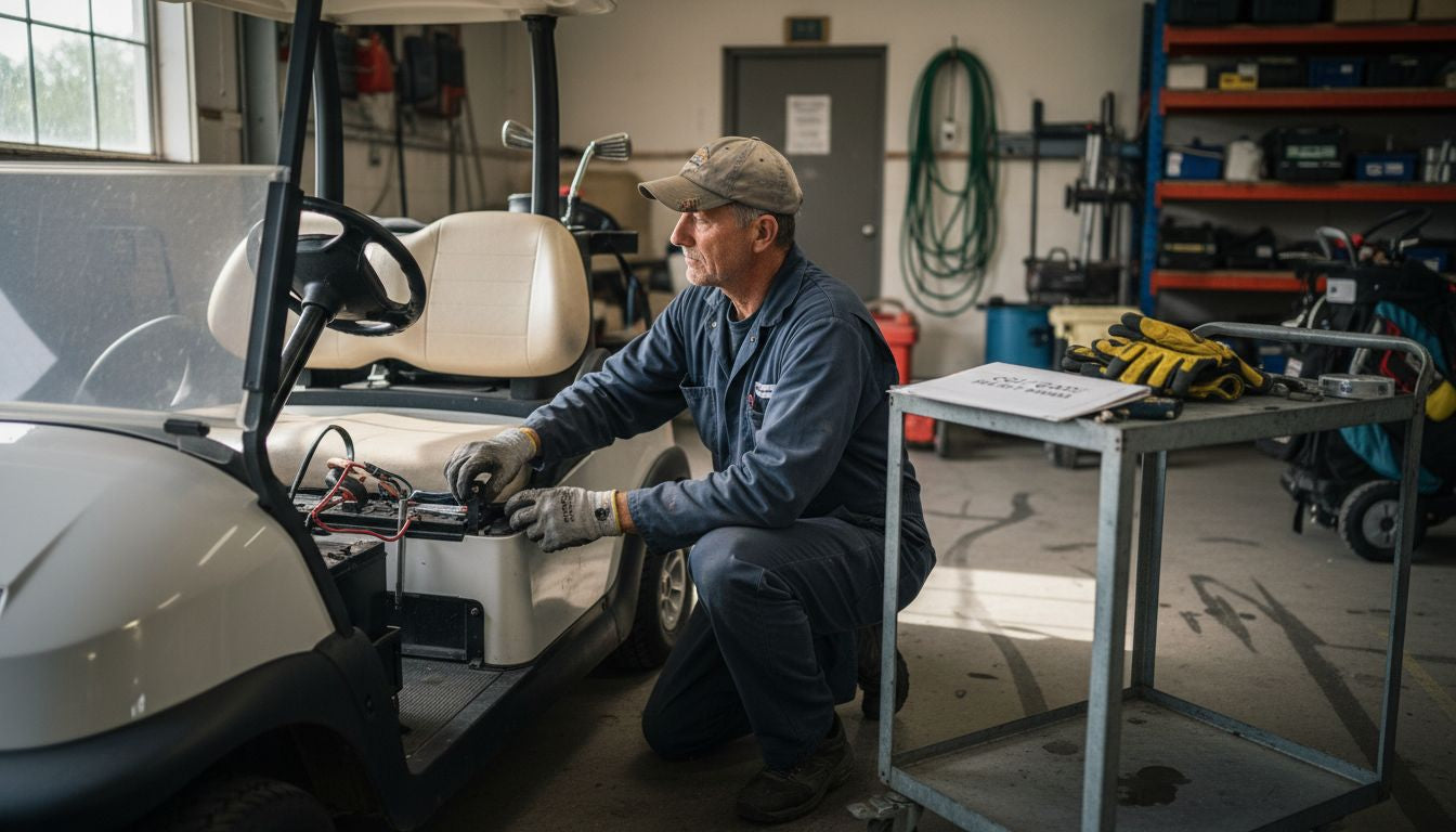 Technician inspecting golf cart batteries in garage