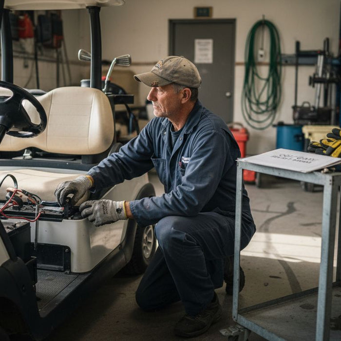 Technician inspecting golf cart batteries in garage