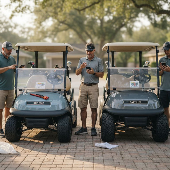 Golf cart owners using phones near carts