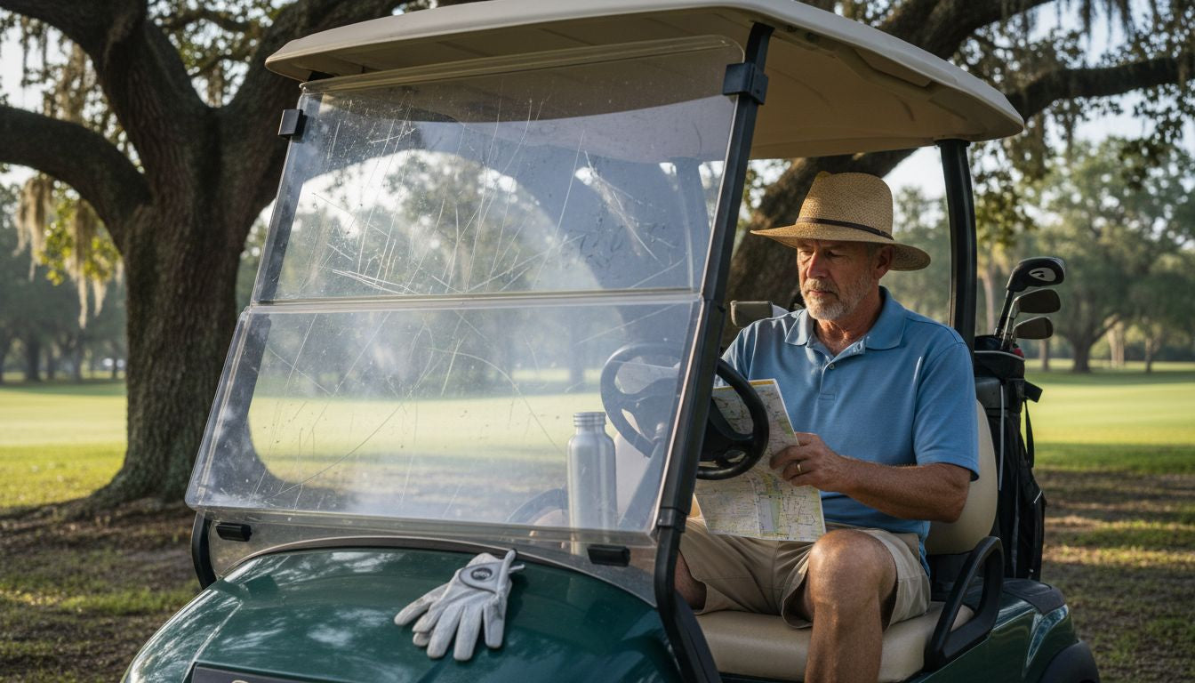 Golf cart windshield in sunlight, driver waiting