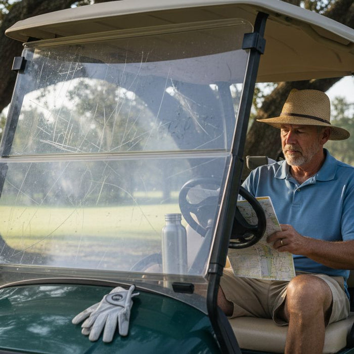 Golf cart windshield in sunlight, driver waiting