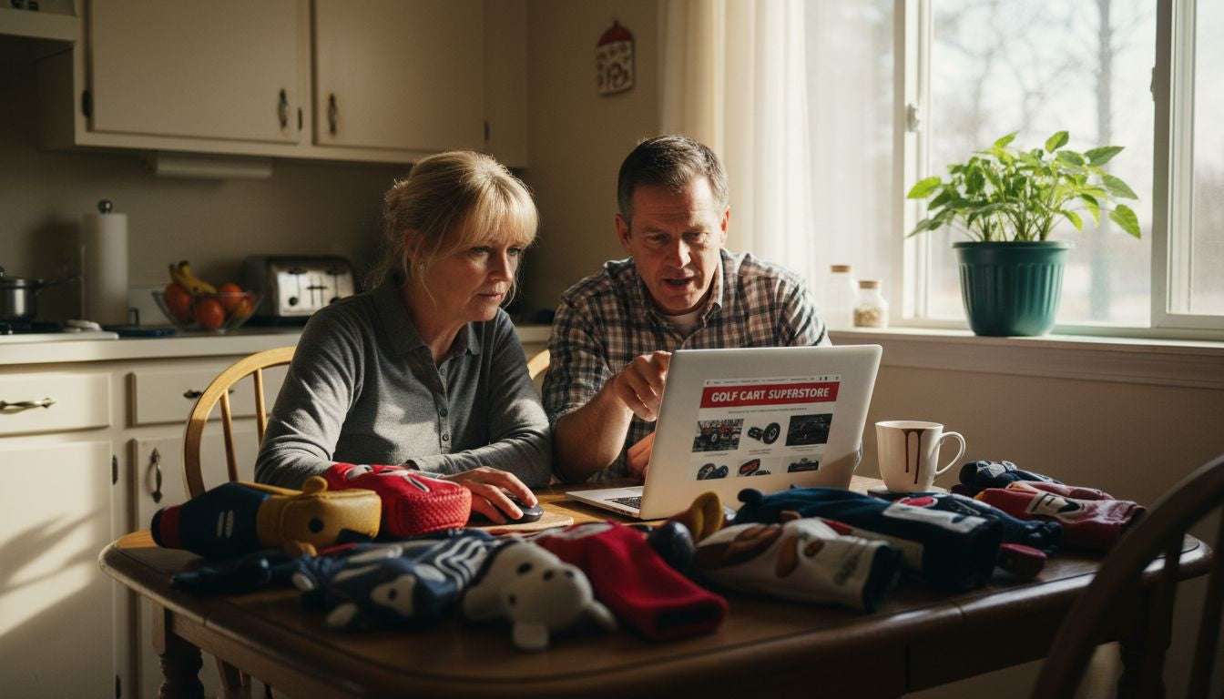 Golf cart owners shopping online for parts at kitchen table