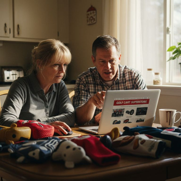 Golf cart owners shopping online for parts at kitchen table