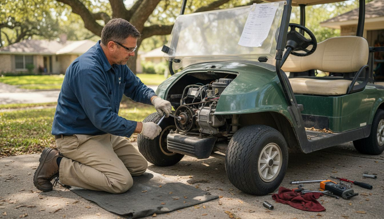 Technician inspecting golf cart motor outside