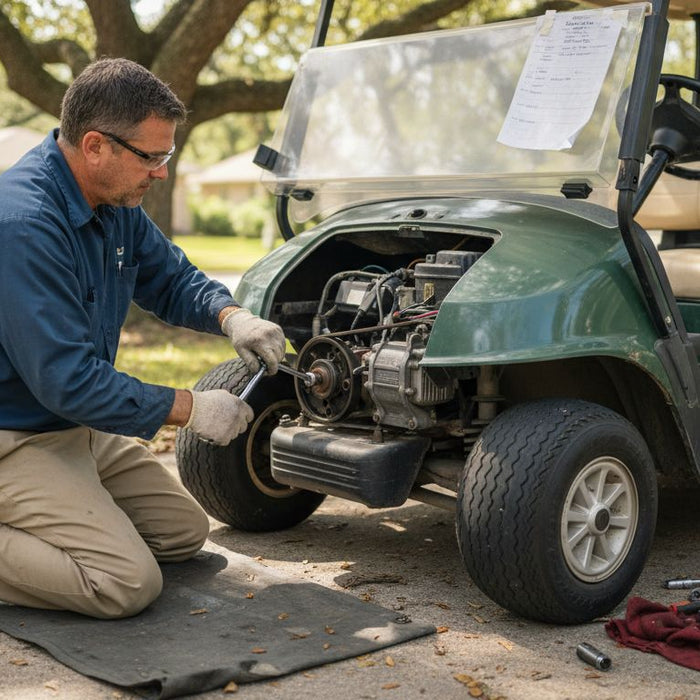 Technician inspecting golf cart motor outside