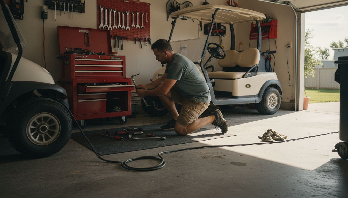 Owner gathering tools for golf cart tire work